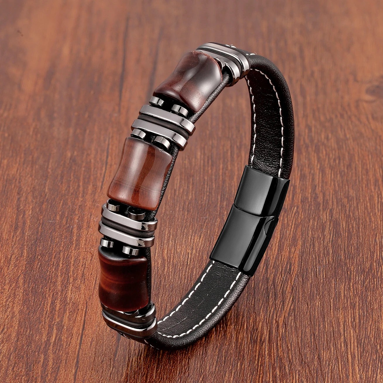 Natural Stone Tiger Eye Leather Bracelet