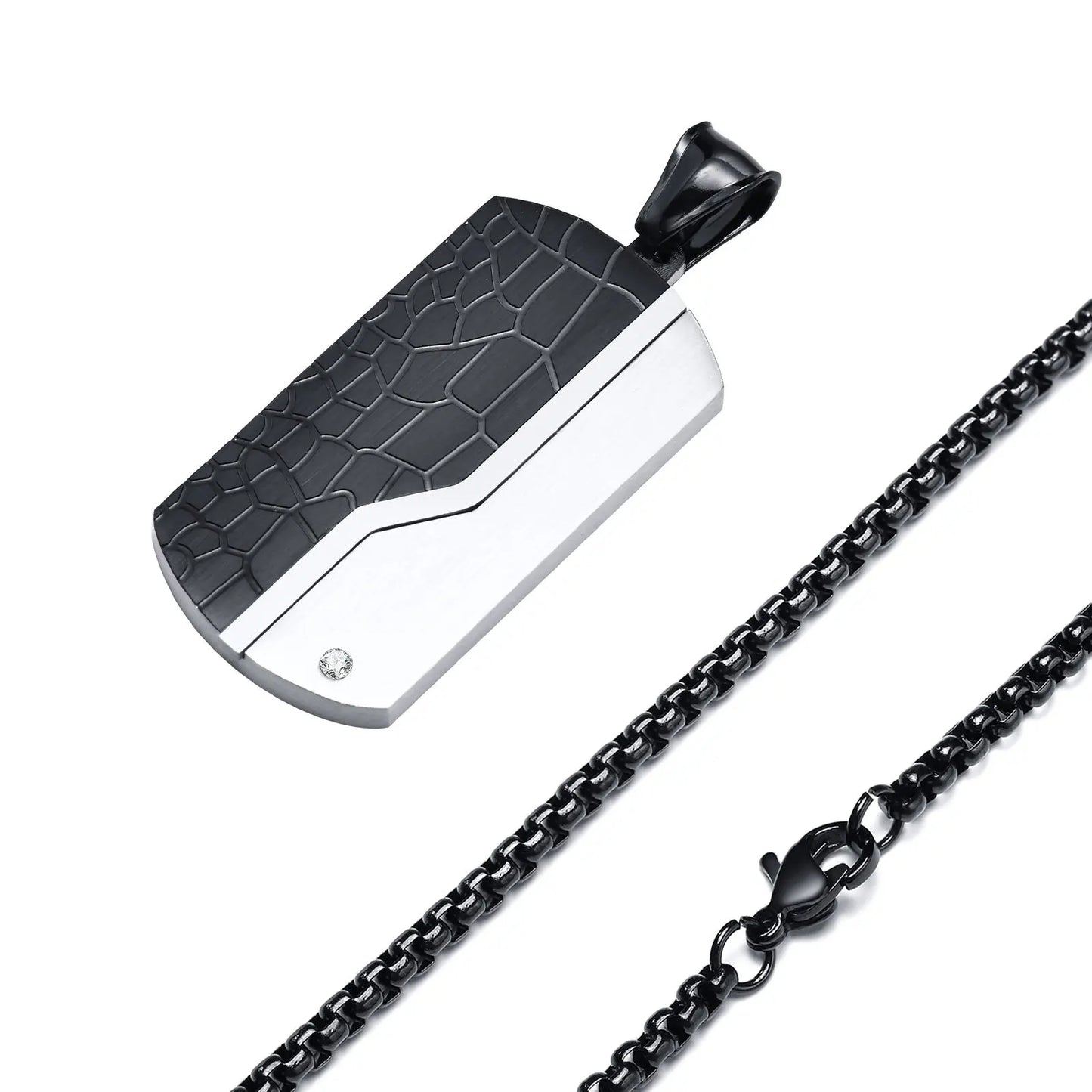Black and silver pendant with chain on a white background