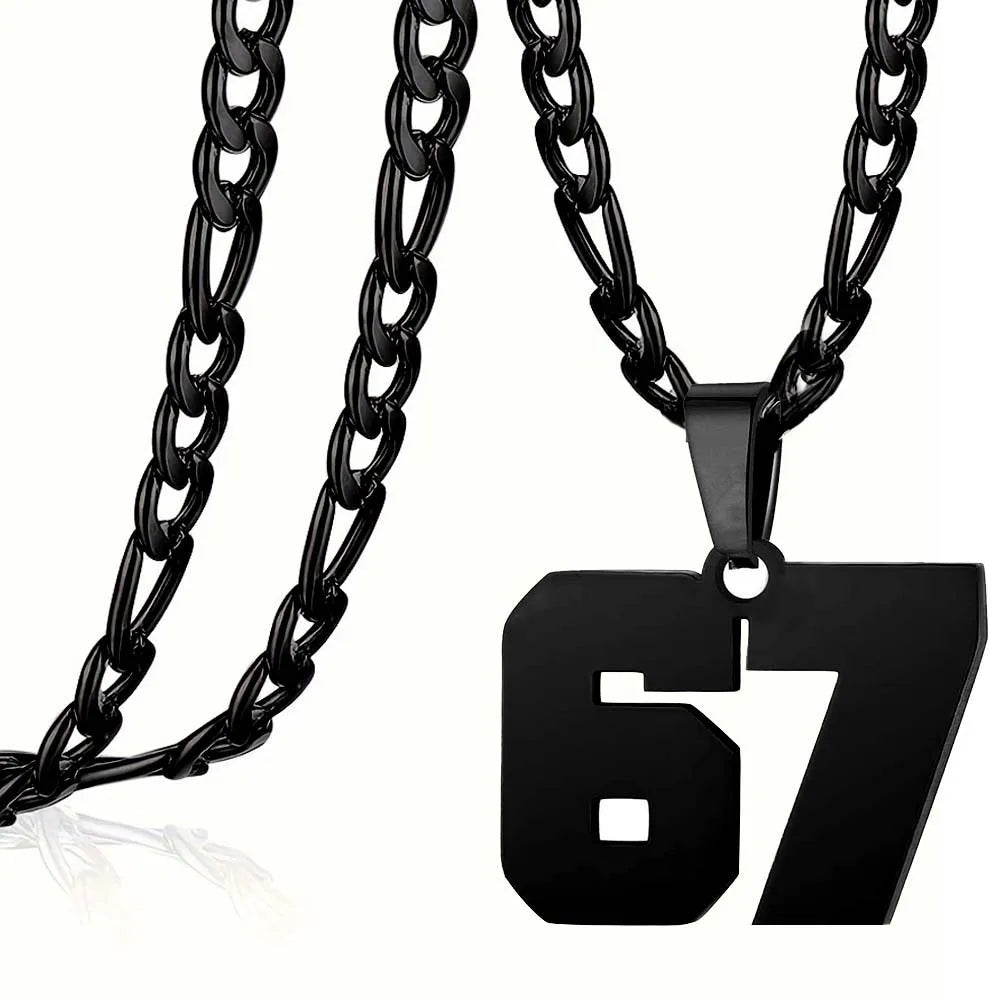 Black chain necklace with a number '67' pendant on a white background
