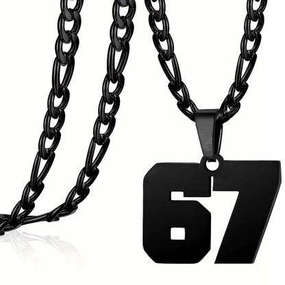 Black chain necklace with a number '67' pendant on a white background