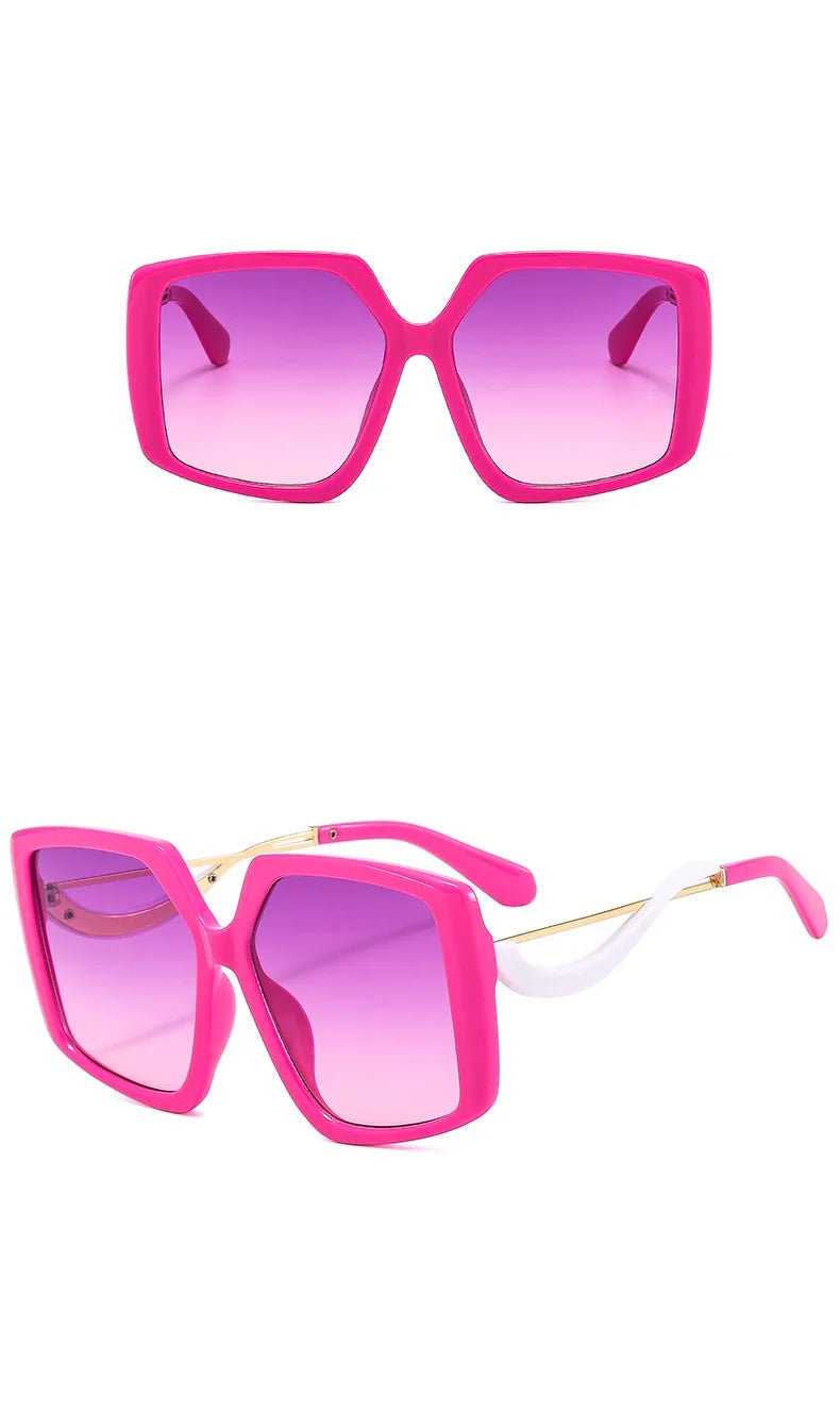 Bright pink oversized square sunglasses with pink-to-purple gradient lenses, shown from front and side angles on a white background with the word 'purple' above.