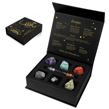 Black box with Scorpio zodiac information and colourful crystals on a white background