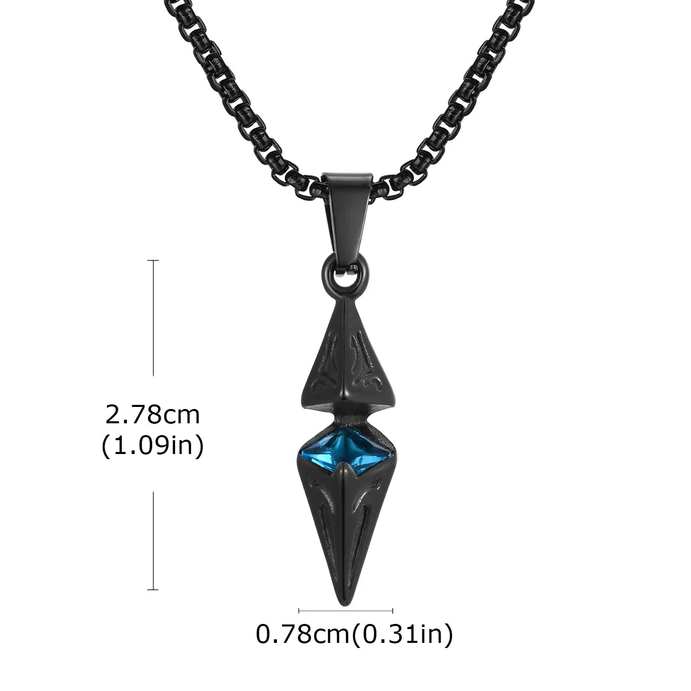 Black pendant necklace with measurements on a white background