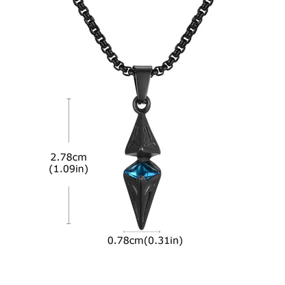 Black pendant necklace with measurements on a white background