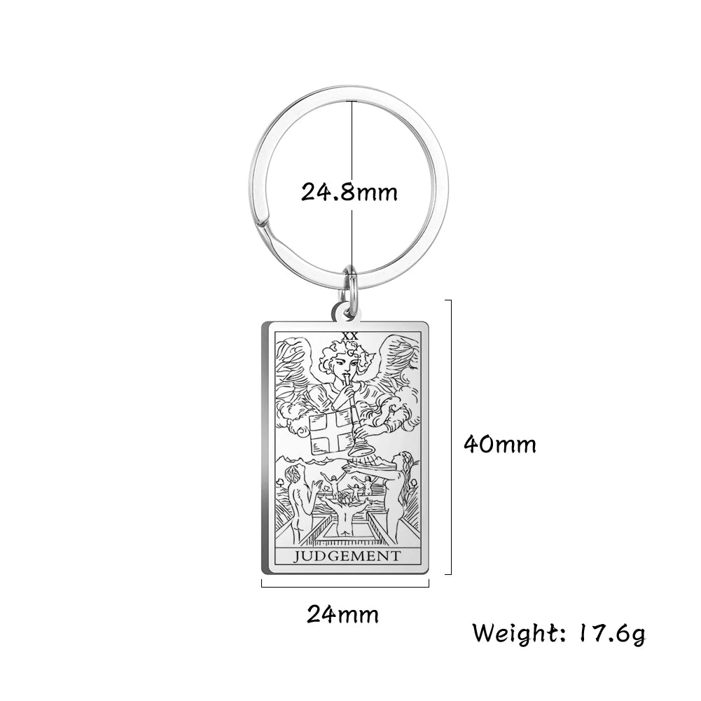 Keychain with Tarot card design 'Judgement' and measurements on a white background