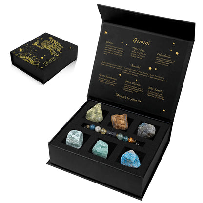 Decorative box with gemstones and astrological information, featuring the sign Gemini.
