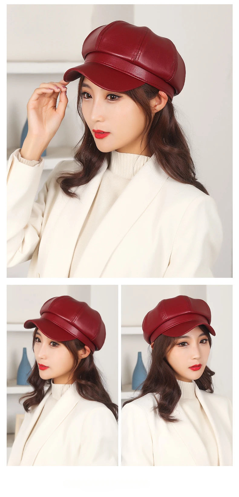 Woman wearing a red cap with close-up views of the cap.