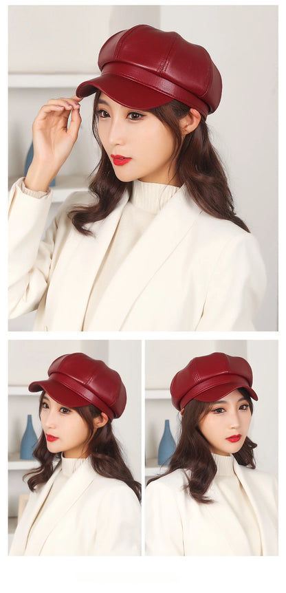 Woman wearing a red cap with close-up views of the cap.