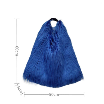 Blue fluffy bag with dimensions on a white background