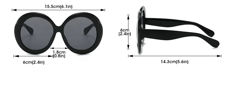 Black round-shaped sunglasses with measurements.