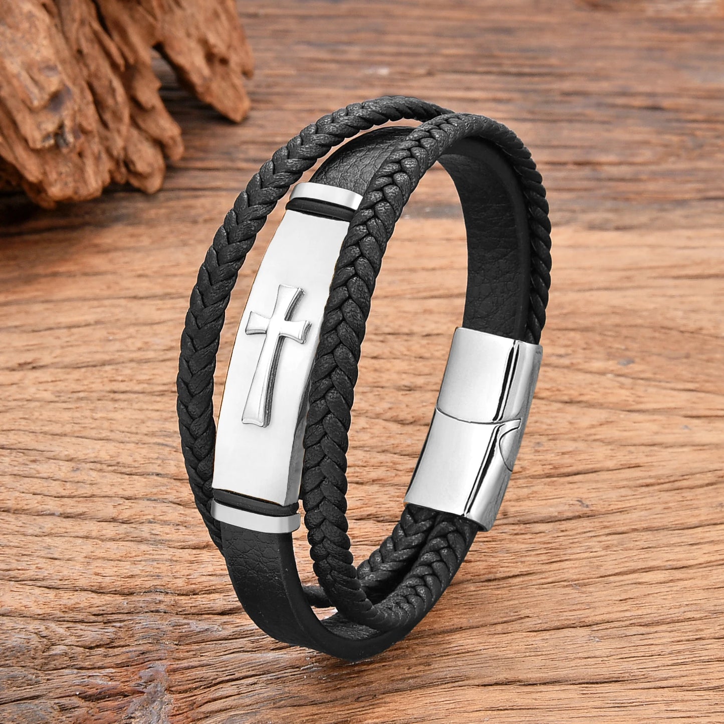 Double Braided Leather Cross Bracelet