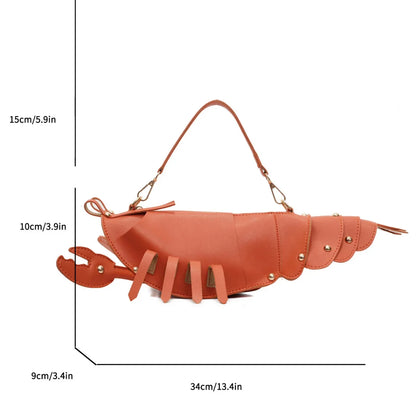 Lobster-shaped bag with measurements on a white background