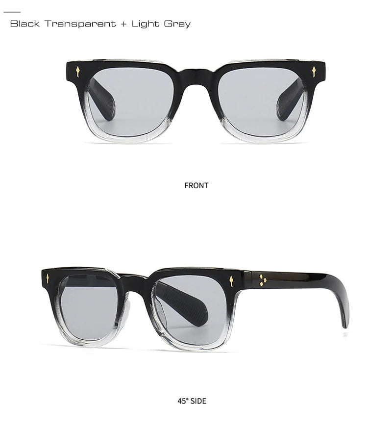 Black transparent and light grey sunglasses shown from front and side views on a white background.