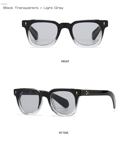 Black transparent and light grey sunglasses shown from front and side views on a white background.