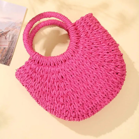 Handwoven Straw Rattan Half-Moon Beach Handbag