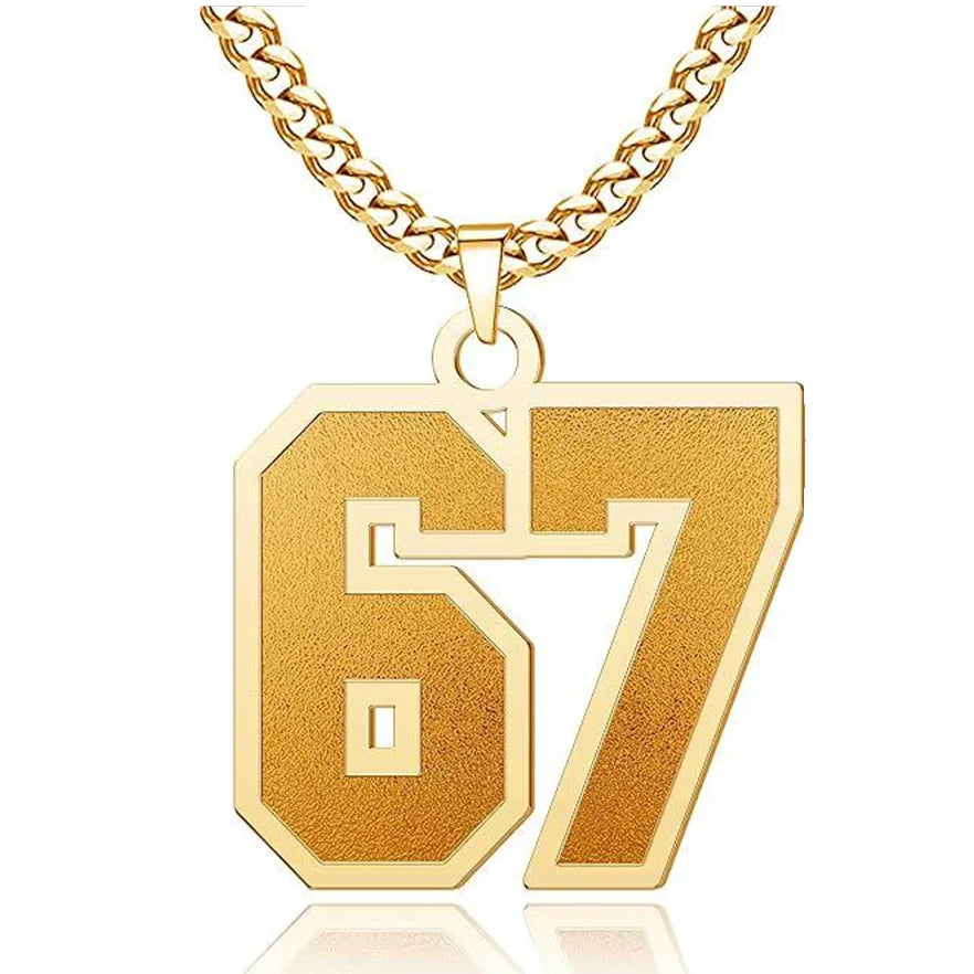 Gold necklace with a pendant featuring the number 67 on a white background