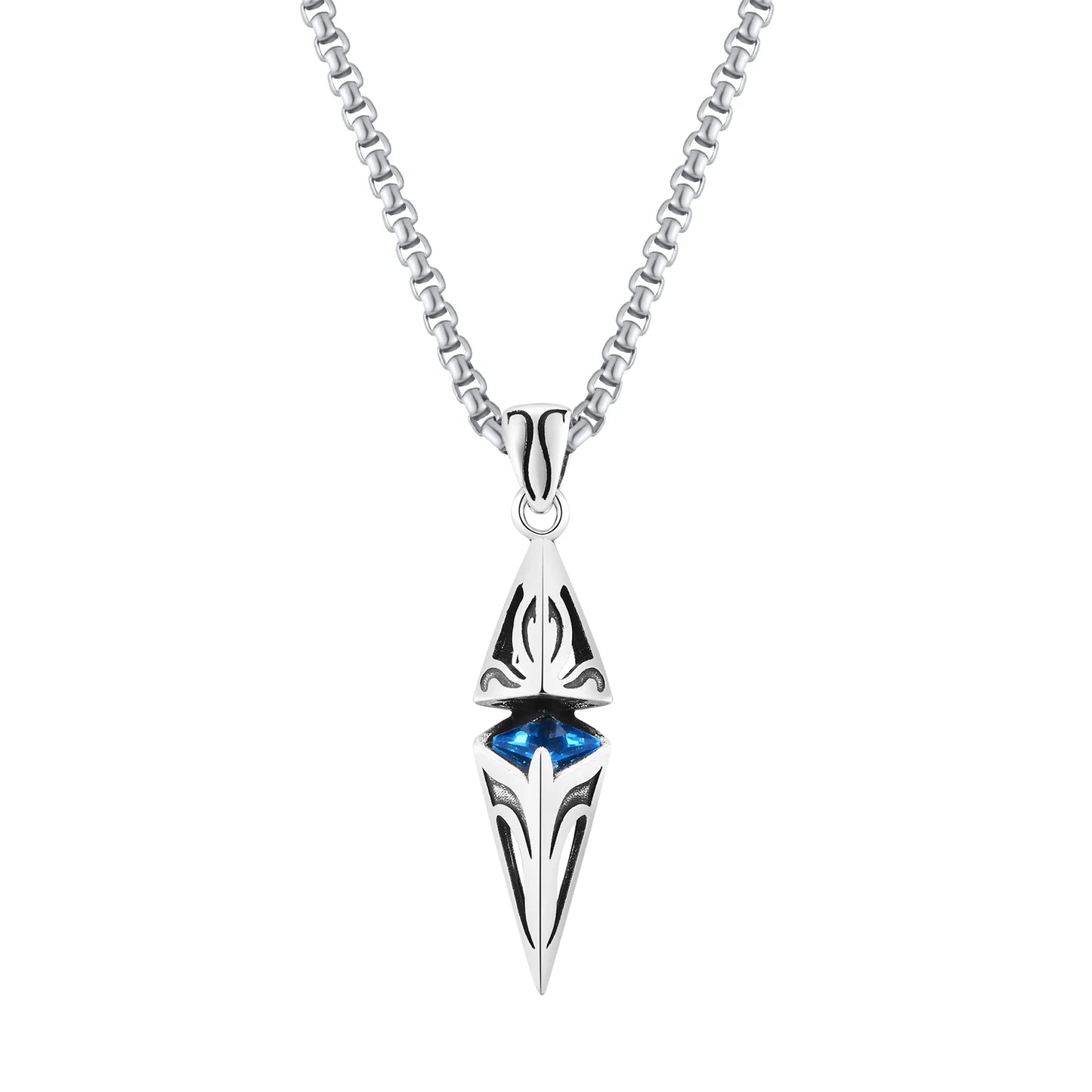 Silver pendant with blue gemstone on a white background