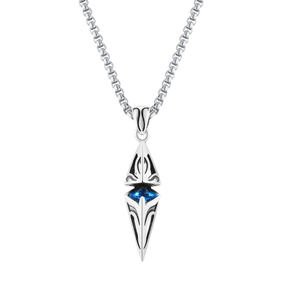 Silver pendant with blue gemstone on a white background