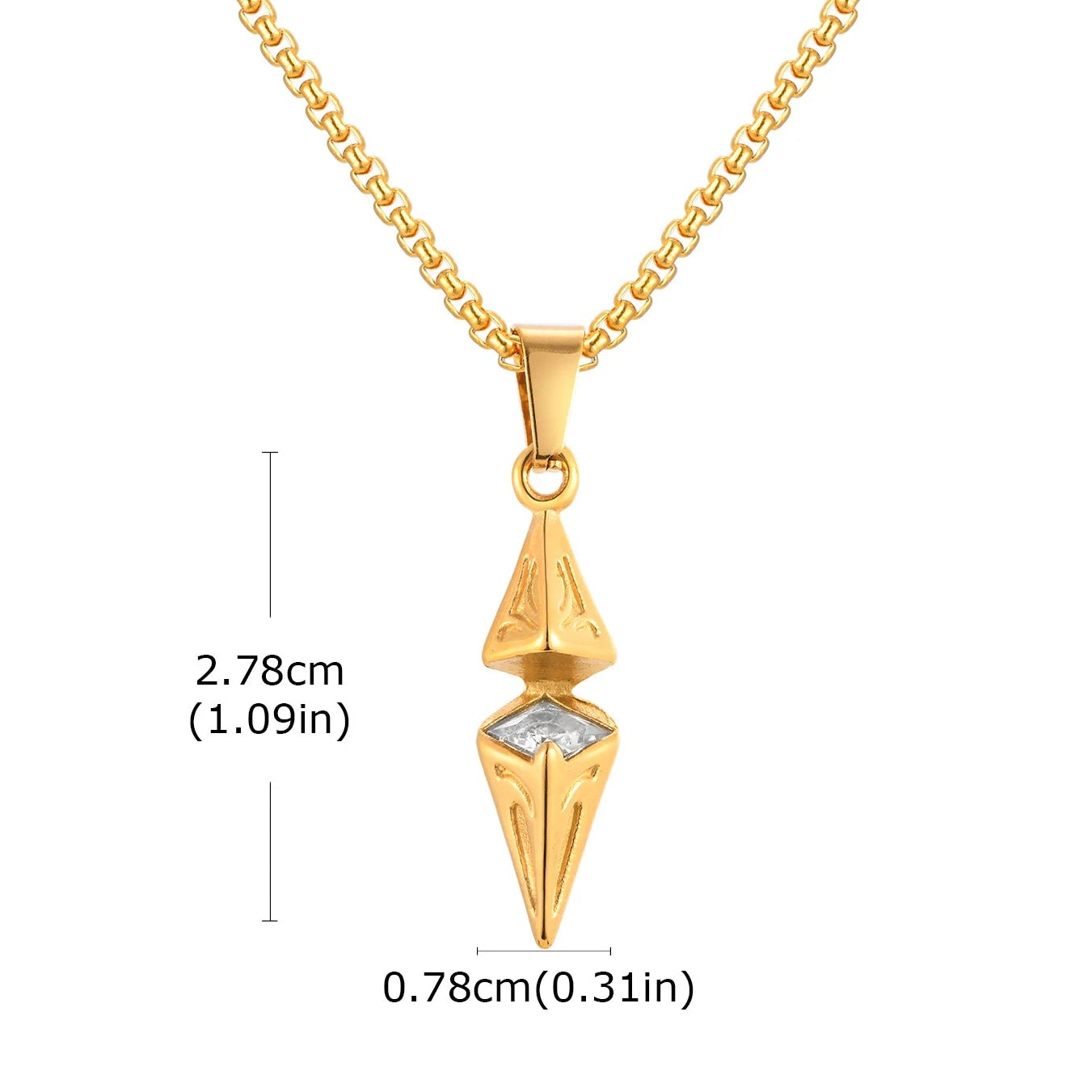 Gold pendant necklace with measurements on a white background