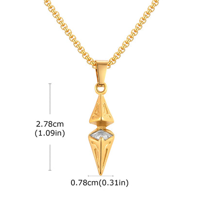 Gold pendant necklace with measurements on a white background