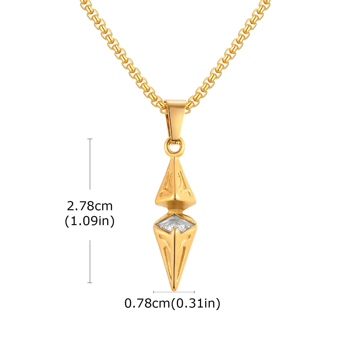 Gold pendant necklace with measurements on a white background