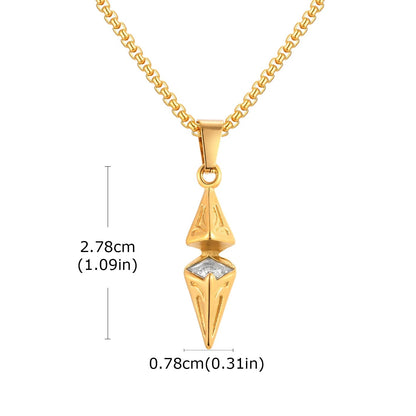 Gold pendant necklace with measurements on a white background