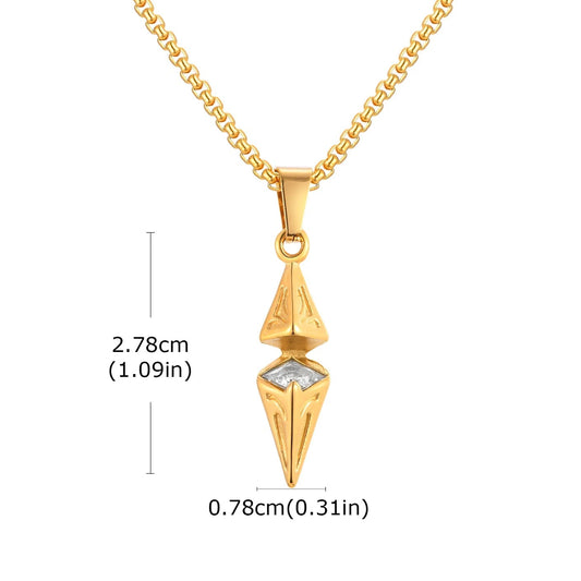 Gold pendant necklace with measurements on a white background