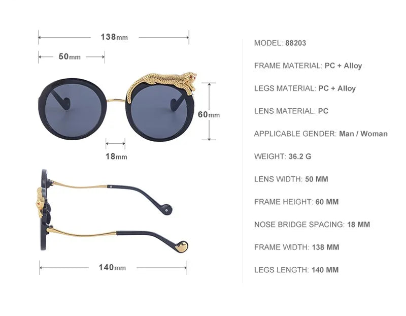 Sunglasses with gold accents and specifications on a white background