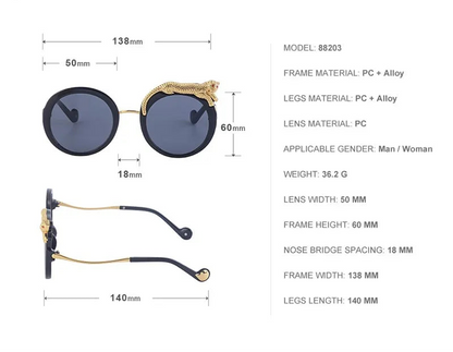 Sunglasses with gold accents and specifications on a white background