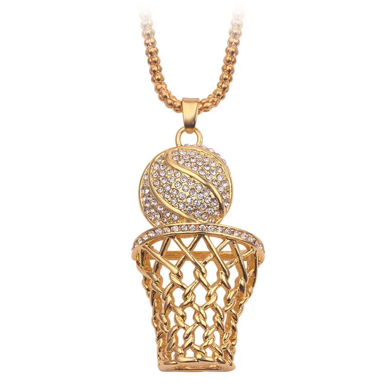 Gold basketball hoop and ball pendant necklace on a white background