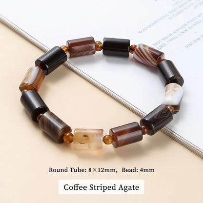 Coffee striped agate beaded bracelet on a light surface with text indicating bead size and type.