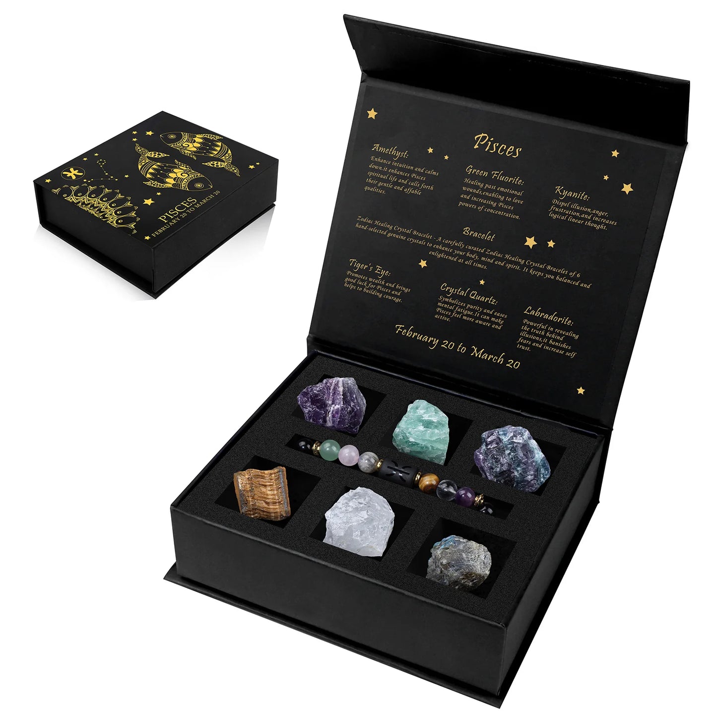 Black box with astrological stone set and zodiac information on a white background