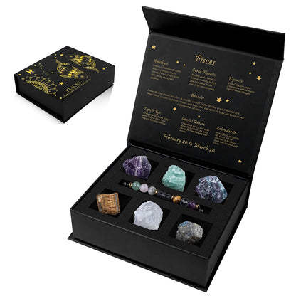 Black box with astrological stone set and zodiac information on a white background