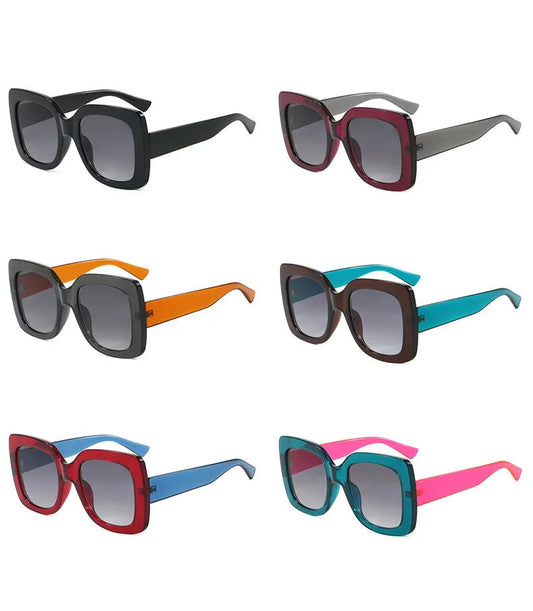 Six pairs of oversized square sunglasses shown in different colour combinations, labeled black, red grey, grey orange, tea green, red blue, and green pink on a white background.