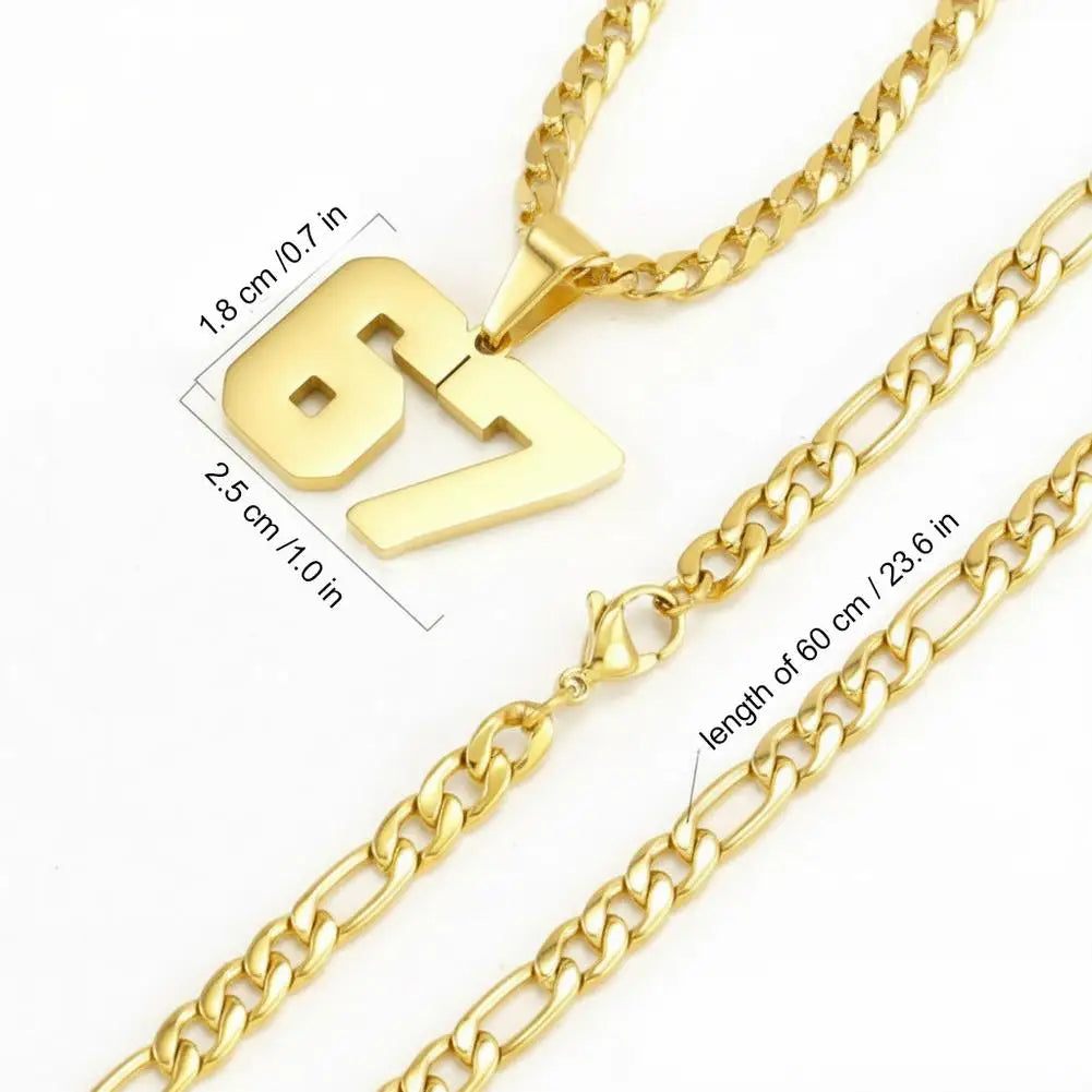 Gold chain necklace with a pendant, showing measurements on a white background