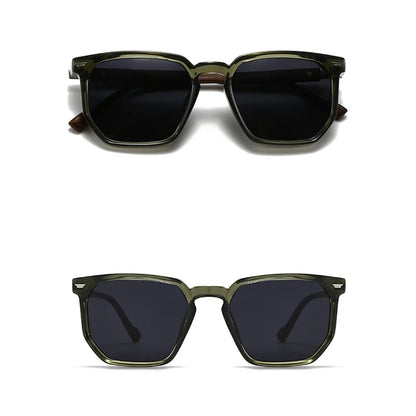 Sunglasses with green and black frame and dark lenses on a white background
