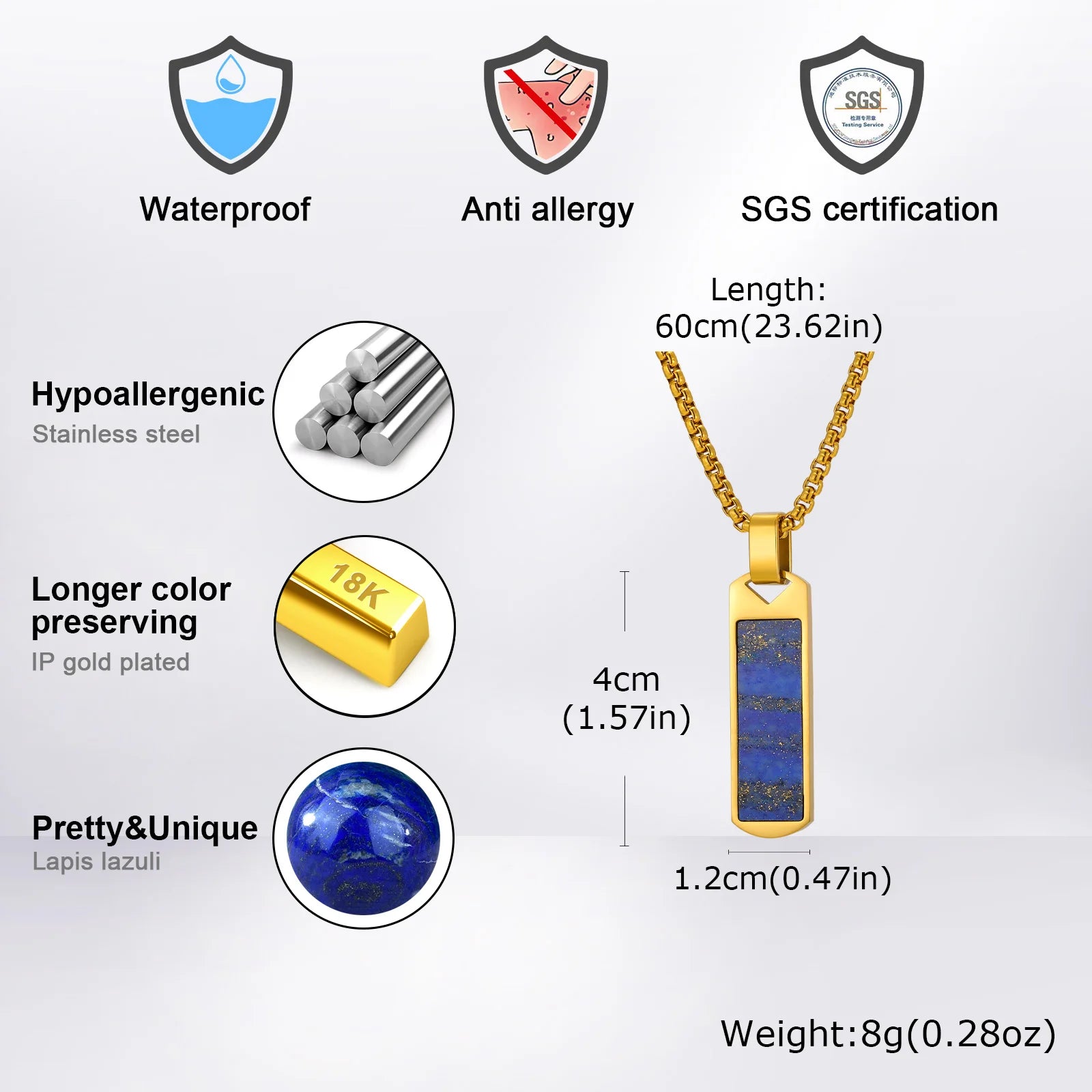 Gold necklace with lapis lazuli pendant, featuring certification logos and product details on a white background.