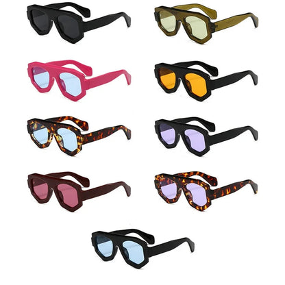 Collection of sunglasses with various colour combinations on a white background