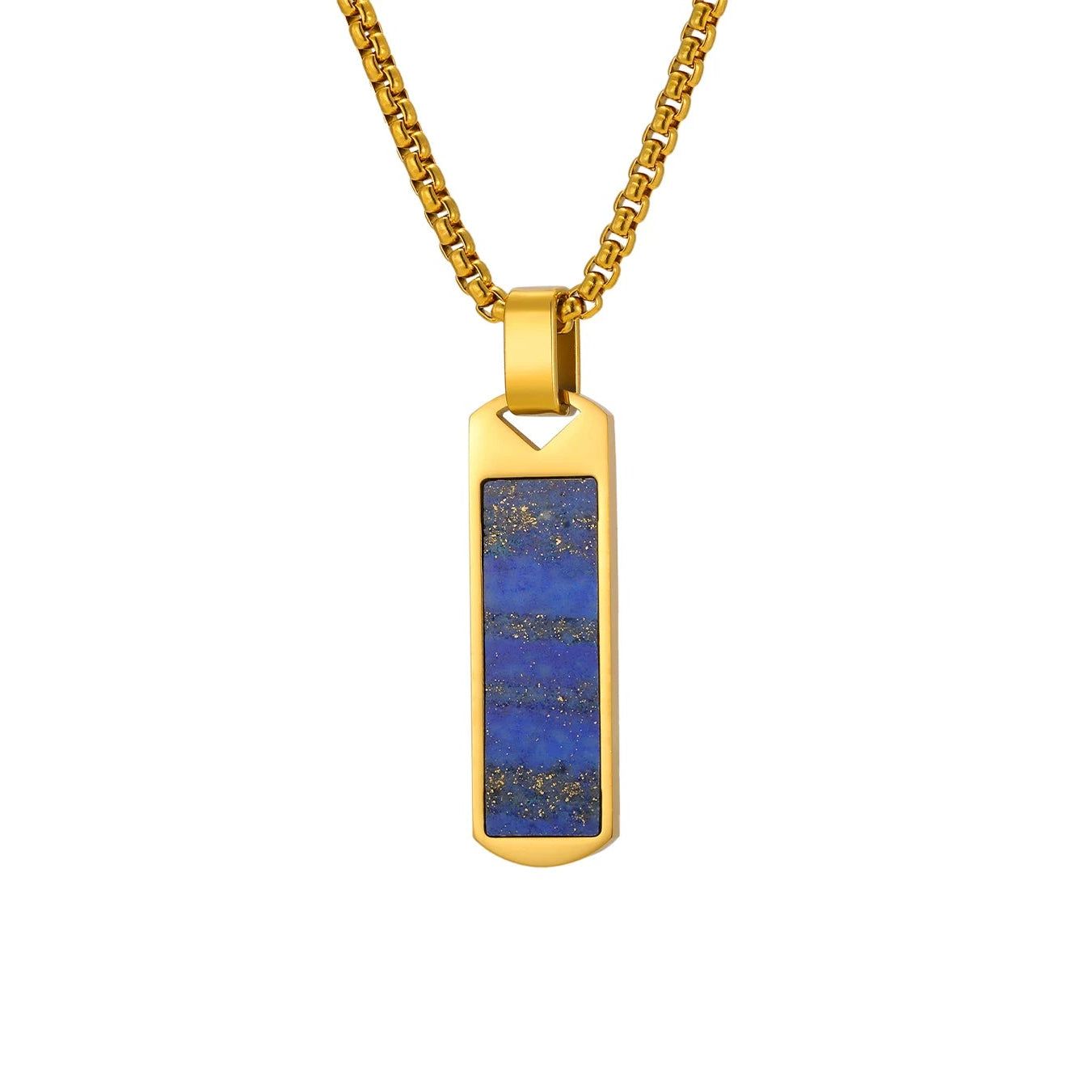 Gold necklace with a blue stone pendant, showing measurements on a white background.