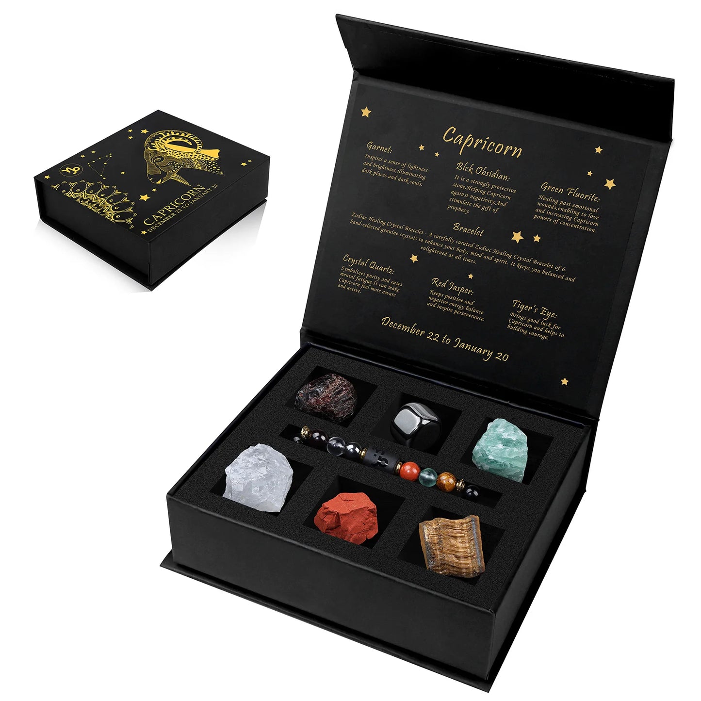 Black box with astrological elements and crystals, featuring the sign Capricorn.