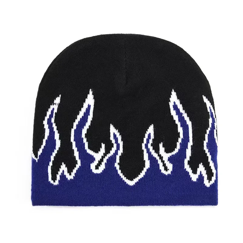 Black beanie with blue flame pattern on a white background