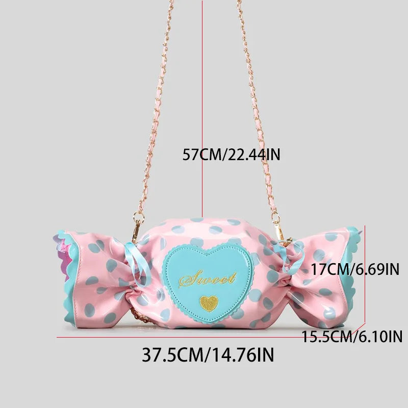 Pink candy-themed bag with measurements on a grey background