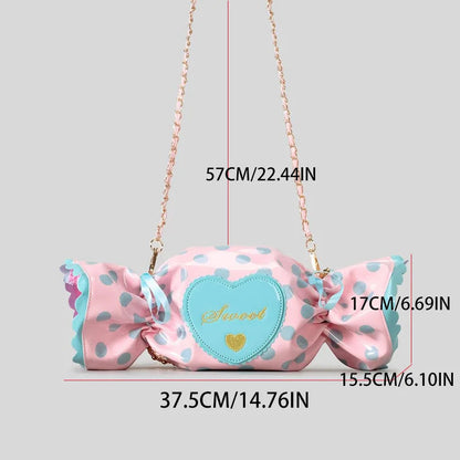 Pink candy-themed bag with measurements on a grey background