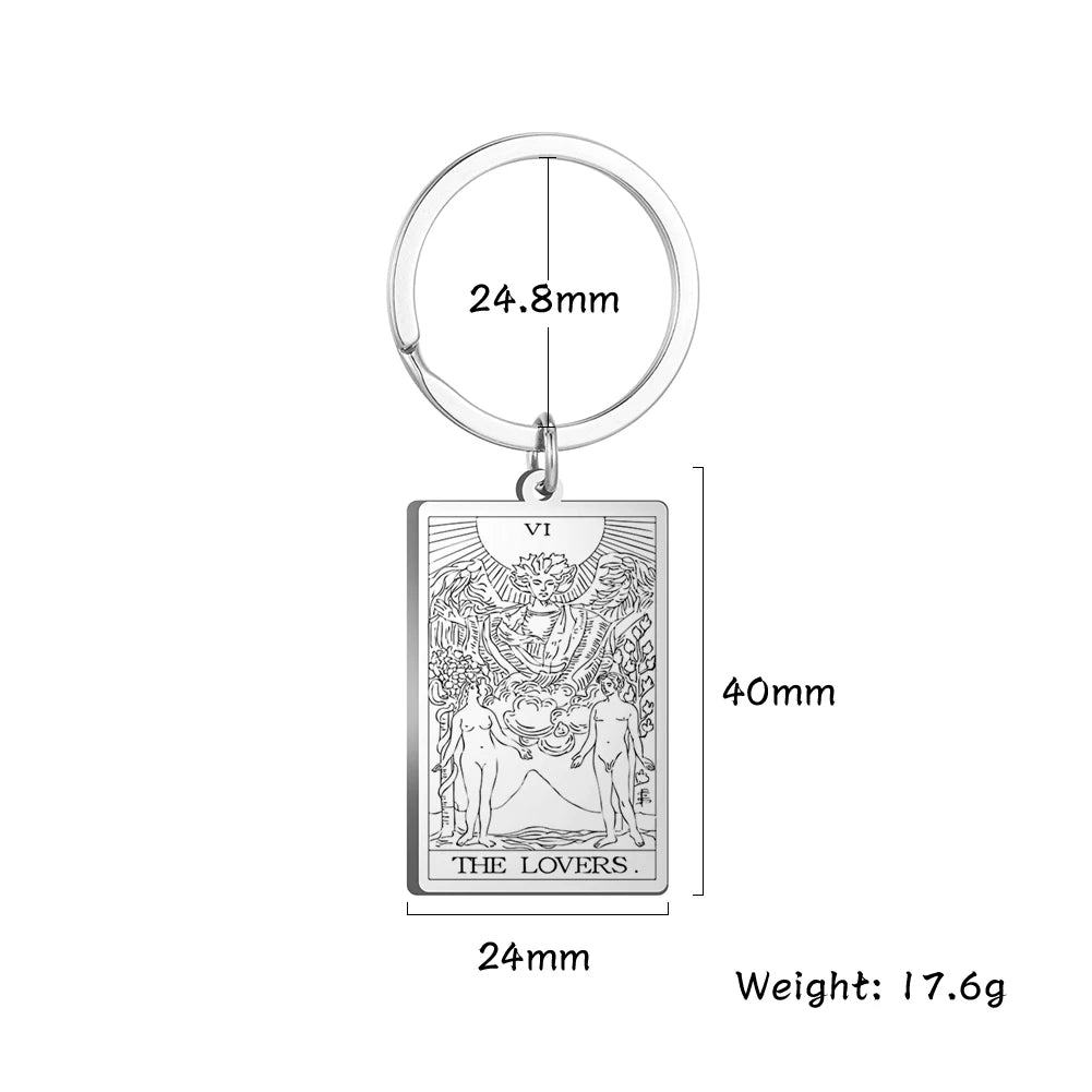 Keychain with 'The Lovers' tarot card design, showing measurements and weight on a white background.