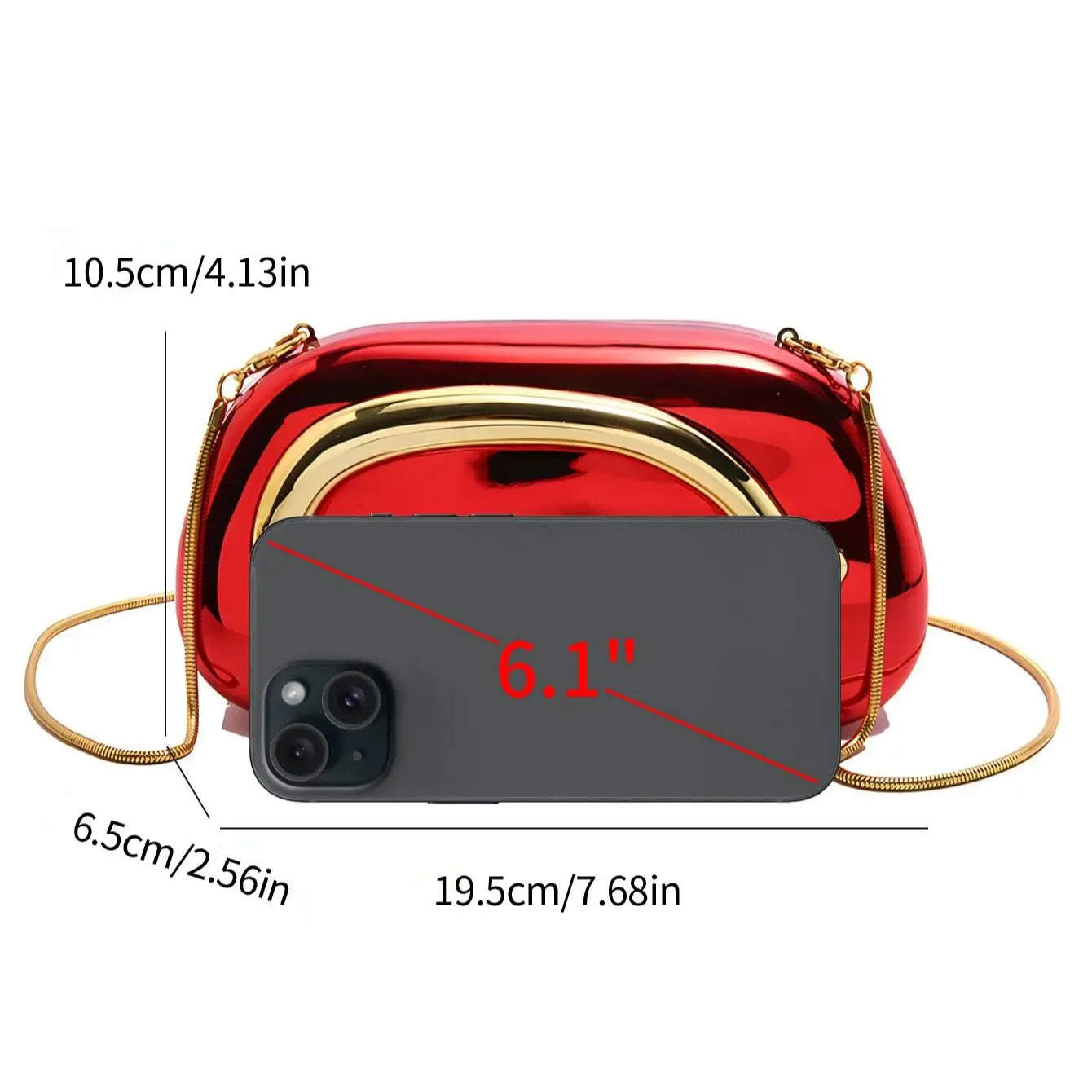 Red handbag with gold accents and measurements on a white background