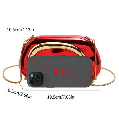 Red handbag with gold accents and measurements on a white background