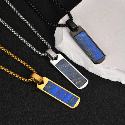 Three necklaces with blue stone pendants on black and white backgrounds