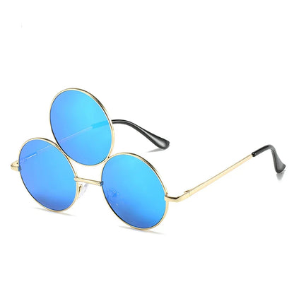 Blue round sunglasses with gold frames on a white background