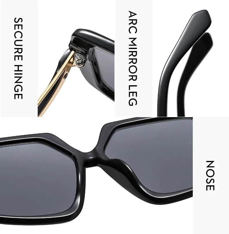 Close-up product details of black sunglasses on a white background.