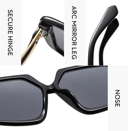 Close-up product details of black sunglasses on a white background.